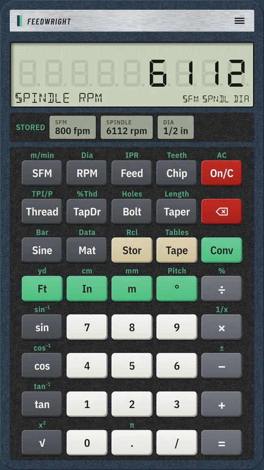 Feedwright on an Android phone: Spindle rpm
