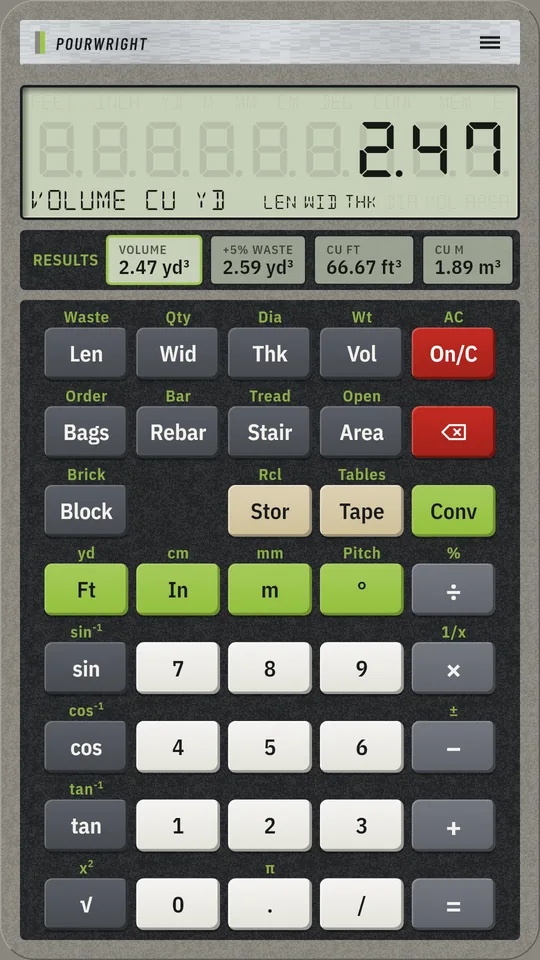 Pourwright on an Android phone: Slab volume
